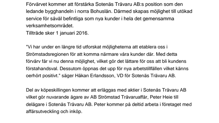 Sotenäs Trävaru AB förvärvar AB Strömstad Trävaruaffär
