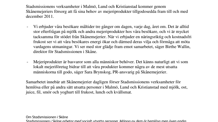 Skånemejerier och Stadsmissionen inleder samarbete