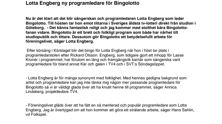 Lotta Engberg ny programledare för Bingolotto