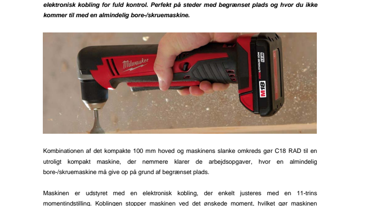 Milwaukee lancerer C18 RAD vinkelbore-/skruemaskinen: Kompakt præcision på svært tilgængelige steder!