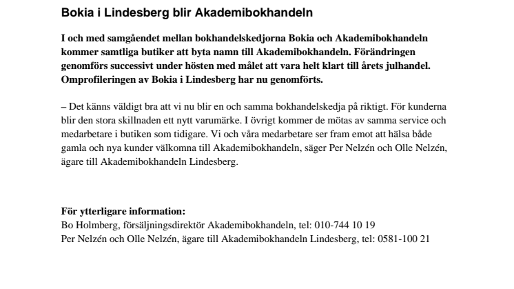 Bokia i Lindesberg blir Akademibokhandeln 