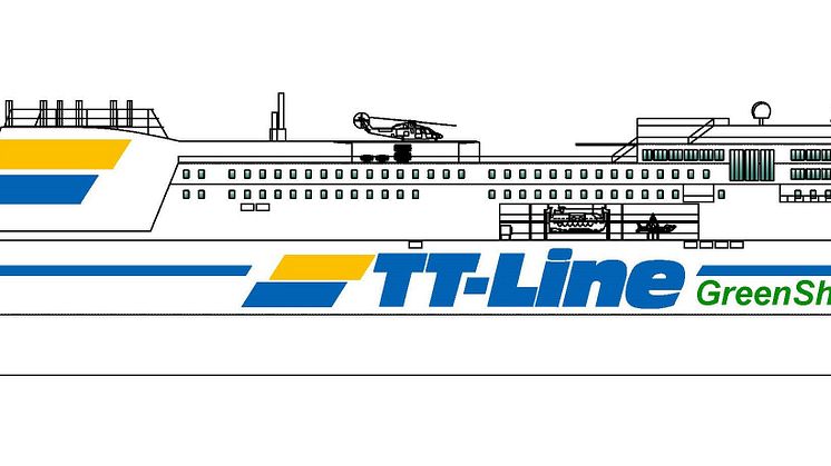 Skiss på sidovyn av TT-Lines framtidssäkrade Green Ship som kommer att levereras under 2022.