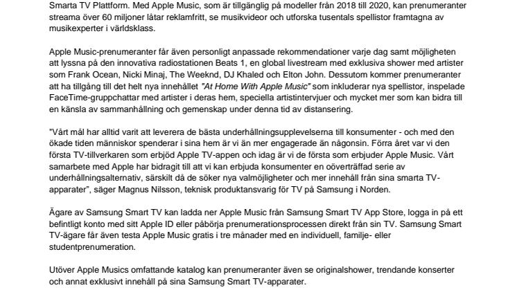 Med start idag tar Samsung Apple Music till sina Smart TV-apparater