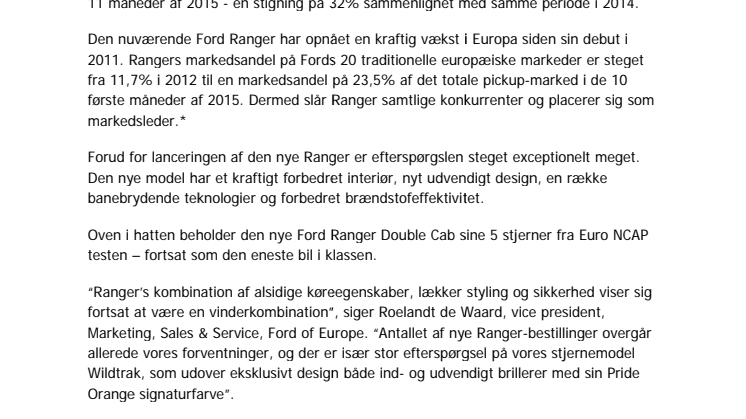 Ford Ranger er Europas mest solgte pickup. Ny Ranger eneste pickup med 5-stjerner i Euro NCAP