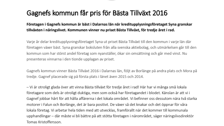 Gagnefs kommun får pris för Bästa Tillväxt 2016