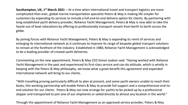 End-to-end delivery option now offered by Peters & May through working partnership with Reliance Yacht Management