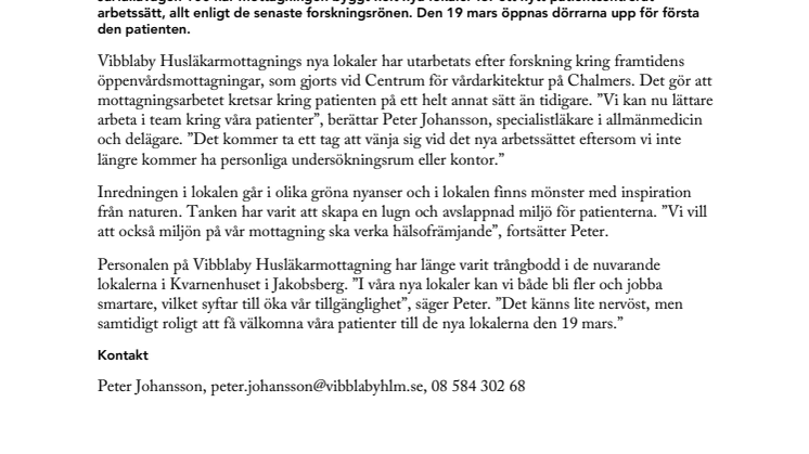 Nya patientcentrerade lokaler för Vibblaby Husläkarmottagning