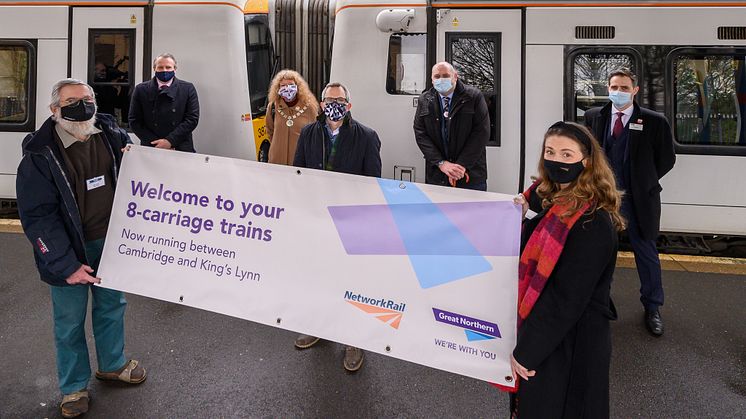 Celebrating the first, preview, of an 8-carriage train at King's Lynn station, 11 December 2020