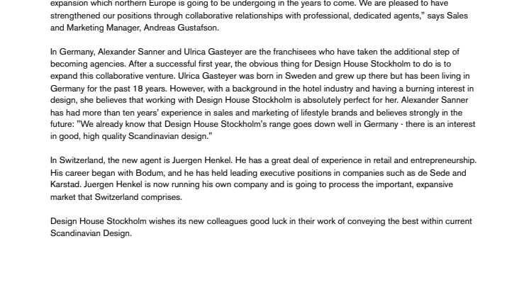 Design House Stockholm strengthens its positions in Germany and Switzerland