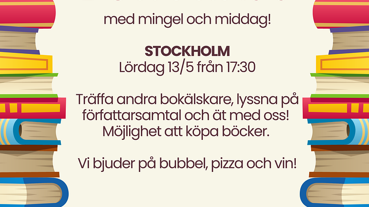 Välkommen på bokträff med bubbel, författarsamtal, goodiebooks, bokutlottning, pizza och vin!