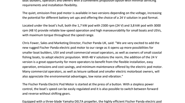 New Fischer Panda Electric Pod Motor Offers Dependable Solution for Small Commercial Vessels