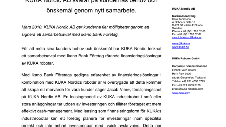 KUKA Nordic AB signerar avtal med Ikano Bank Företag.