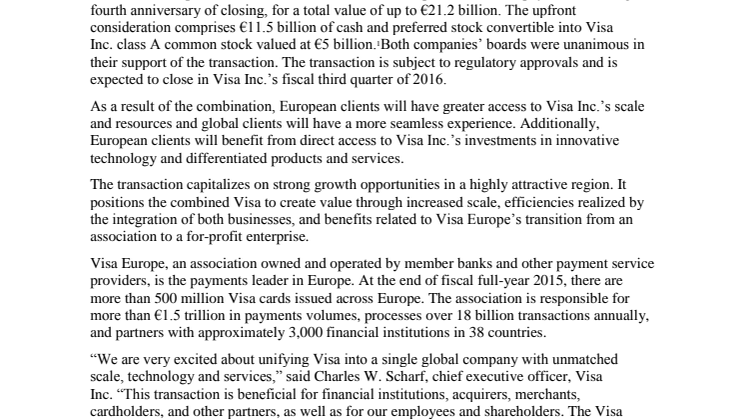 Visa Inc. to Acquire Visa Europe