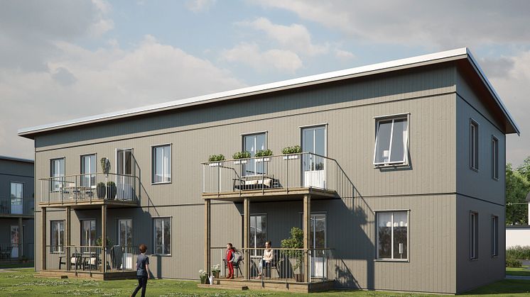 Illustration av gårdssida med balkong. Huset på bilden är inte det som ska byggas i BoKlok Droskan men är av samma hustyp. Avvikelser kan därför förekomma. 