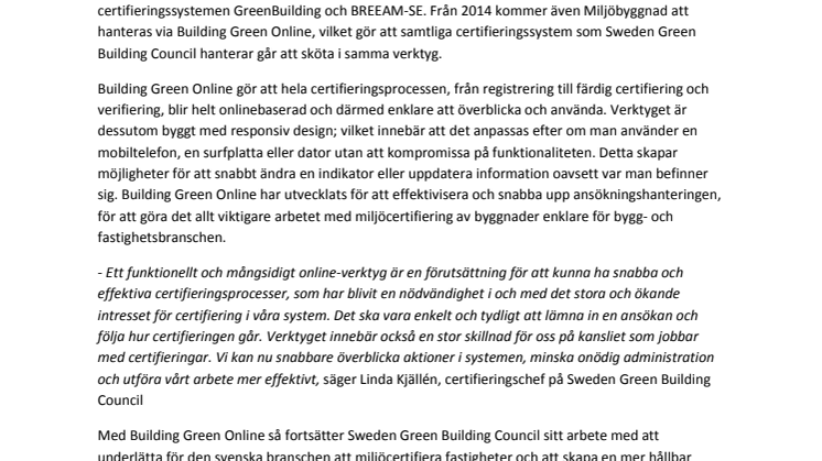 Sweden Green Building Council lanserar nytt onlineverktyg för miljöcertifiering av byggnader