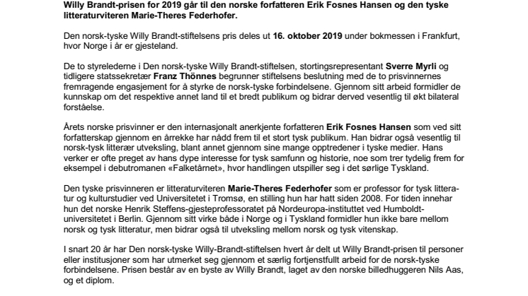 Erik Fosnes Hansen tildeles Willy Brandt-prisen
