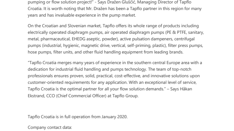 Tapflo Celebrates its 40th Anniversary with the establishment of Tapflo Croatia!