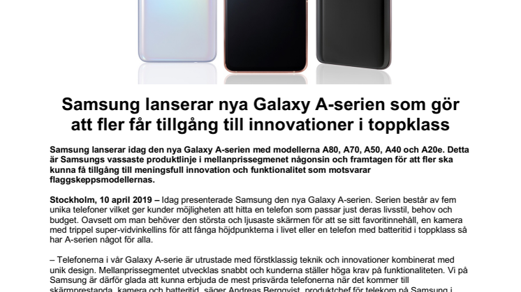 Samsung lanserar nya Galaxy A-serien som gör att fler får tillgång till innovationer i toppklass