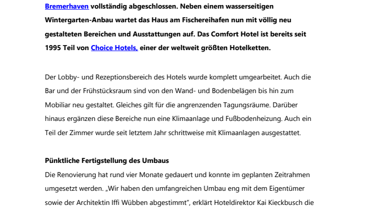 Bremerhaven: Comfort Hotel umfassend erweitert und renoviert