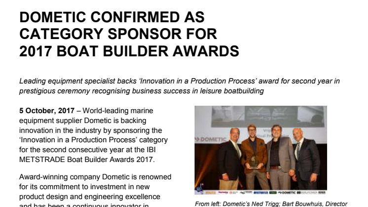 Dometic Confirmed as Category Sponsor  for 2017 Boat Builder Awards