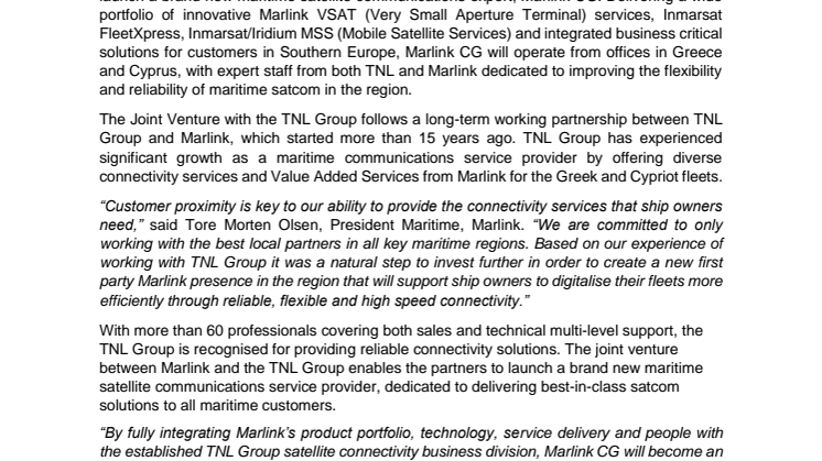 Marlink: TNL Group and Marlink to create a new leading satellite communications expert for the Greek and Cypriot markets