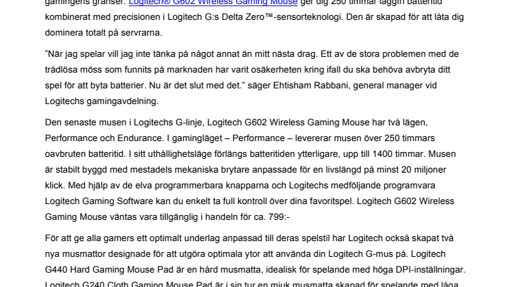 Logitech G ger dig oöverträffad batteritid med nya trådlösa gamingmusen G602