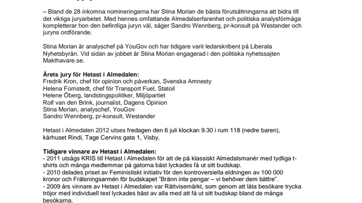 Stina Morian ny i juryn för Hetast i Almedalen