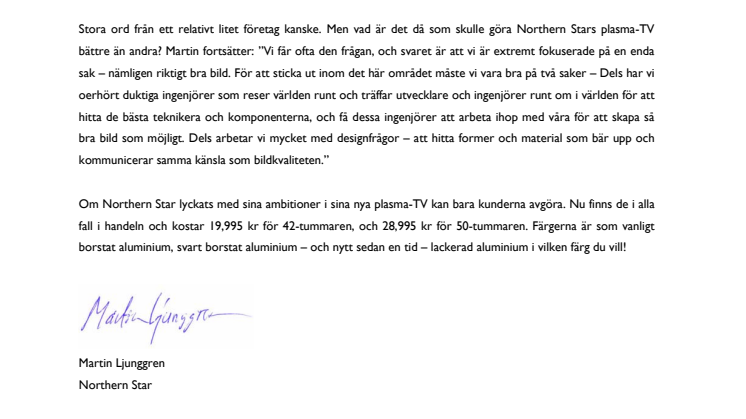 Northern Star utmanar Pioneer med ny generation plasma-TV