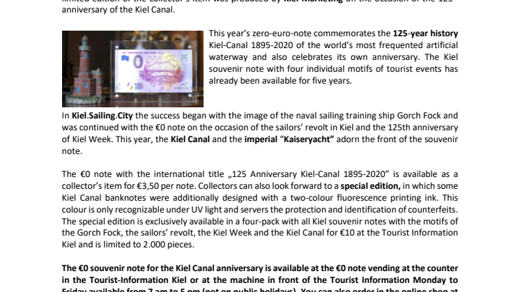 Press release: New Kiel zero-euro-note for the 125th anniversary of the Kiel Canal 