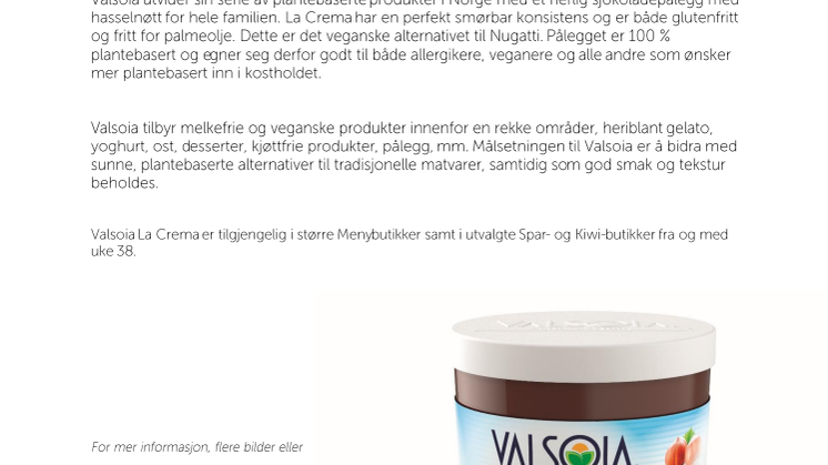 Valsoia La Crema – nytt supergodt plantebasert sjokoladepålegg med hasselnøtt