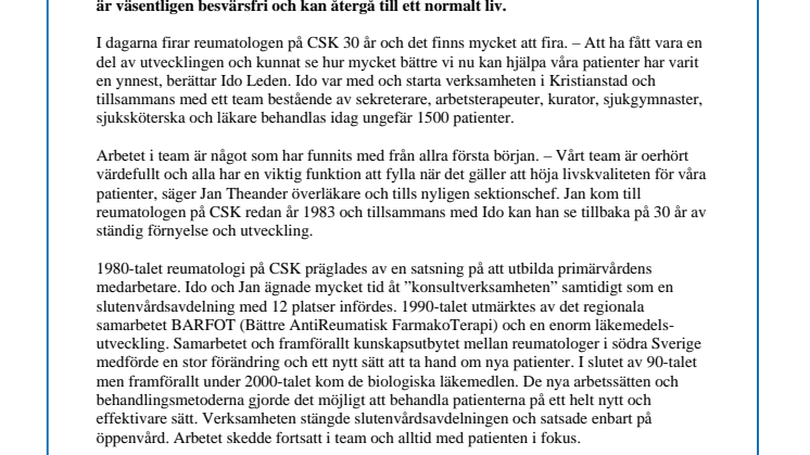 Reumatologen på Centralsjukhuset Kristianstad fyller 30 år