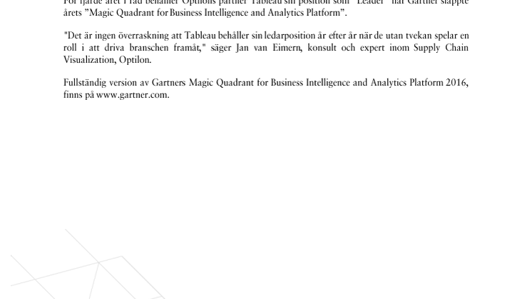 För fjärde året behåller Optilons partner Tableau sin ledarpostion i Gartners Magic Quadrant