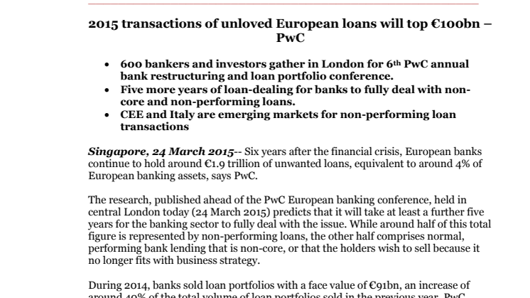 2015 transactions of unloved European loans will top €100bn – PwC
