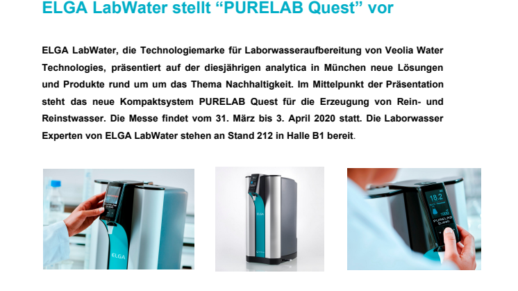 ELGA LabWater stellt “PURELAB Quest” vor