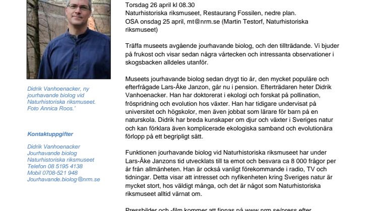 Ny jourhavande biolog på Naturhistoriska riksmuseet
