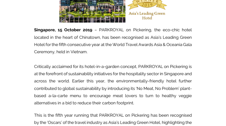 PARKROYAL on Pickering crowned Asia’s Leading Green Hotel for Fifth Year Running