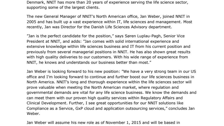 NNIT appoints new General Manager in North America to further boost its life sciences business