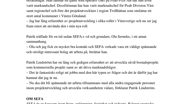 SEFA anställer ny VD till Projektutveckling
