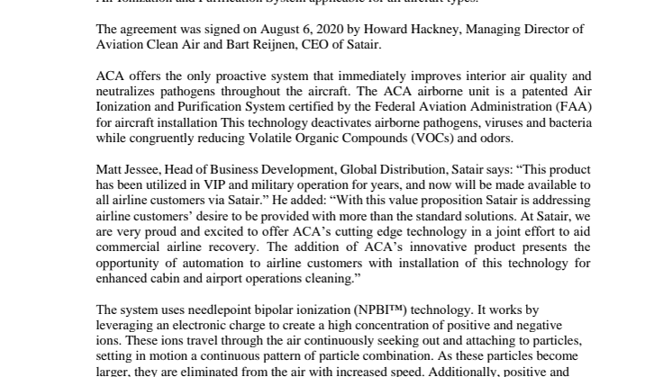 Satair signs commercial agreement with Aviation Clean Air on patented Ionization Purification System