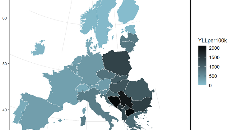 aar med tapte liv per 100 000 innbyggere pga PM2-5_figur_EEA