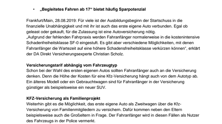 Fahranfänger: DA Direkt gibt Versicherungstipps für junge Leute