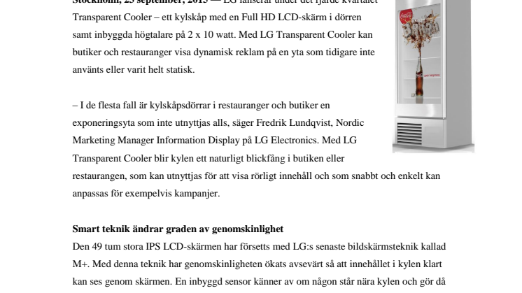LG LANSERAR KYLSKÅP MED TRANSPARENT LCD-SKÄRM I DÖRREN – NY EXPONERINGSYTA FÖR NÄRINGSIDKARE