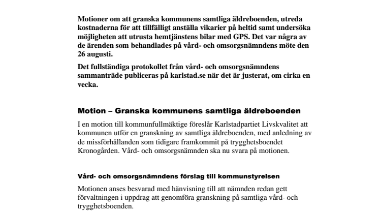 Vård- och omsorgsnämndens beslut i korthet den 26 augusti