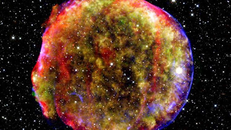 Composite image of the Tycho Supernova remnant. Shock waves from such explosive events are believed to be the main drivers behind cosmic rays. Credit: MPIA/NASA/Calar Alto Observatory