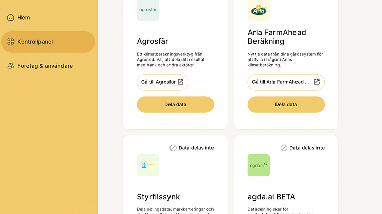 Kontrollpanelen som visar hur djurdata kan delas med Agda.ai