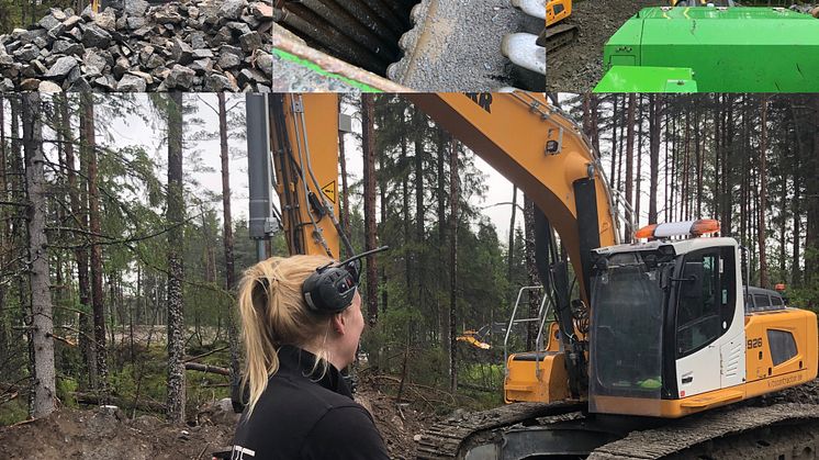 Malin på Kits Contractor i full färd med att krossa sten och berg till användbart material i stadsdelen