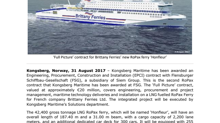Kongsberg Maritime: KONGSBERG Wins EPCI Contract for Newbuild LNG Fuelled RoPax Ferry