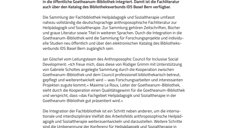 Leichterer Zugang. ​Fachbibliothek Heilpädagogik wird in Goetheanum-Bibliothek integriert