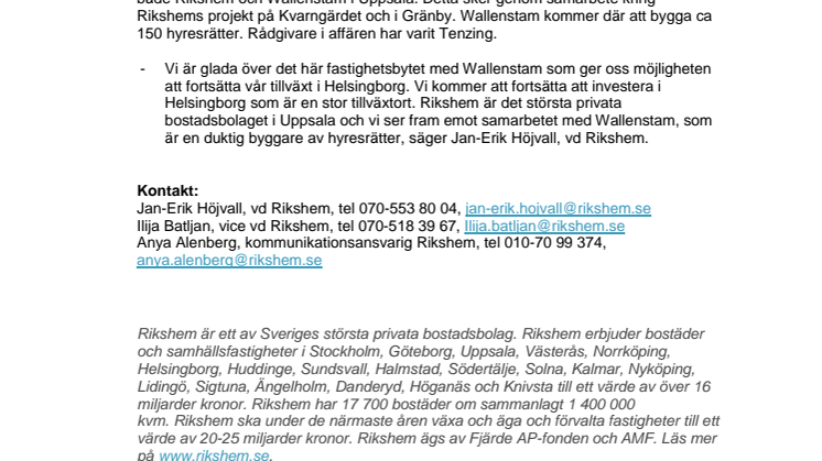 Rikshem och Wallenstam byter fastigheter i Helsingborg, Göteborg och Uppsala för ett värde om 1,4 miljarder