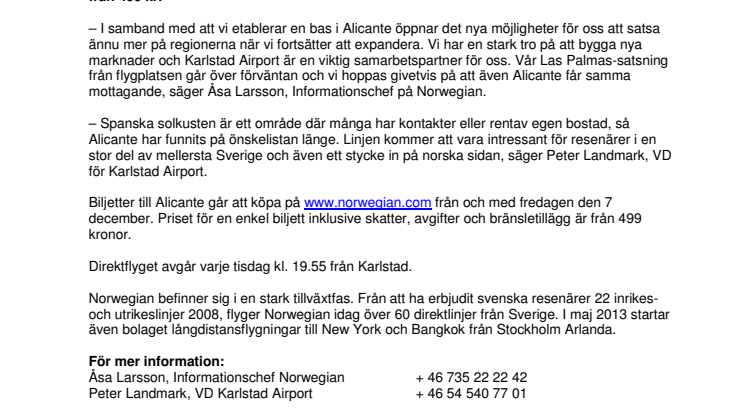 Norwegian startar direktlinje från Karlstad till Alicante